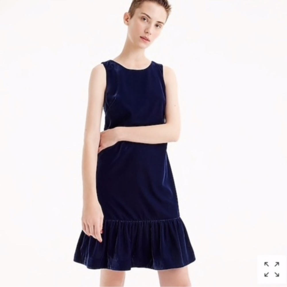 J.Crew Luxurious Blue Velvet Ruffle-Hem Drop Waist Sleeveless Dress Size 8